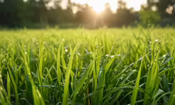 the sun shining over green grass on a sunny day