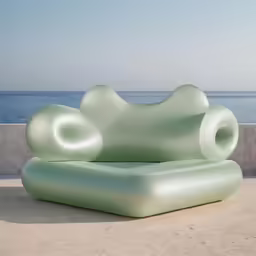 a light green object sitting in the sand by the water