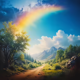 a painting of a rainbow over a dirt road