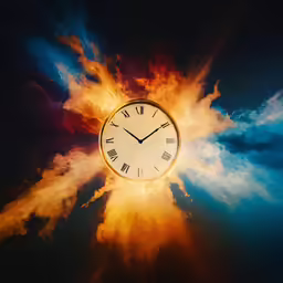 a clock surrounded by the sun in a cloudy sky