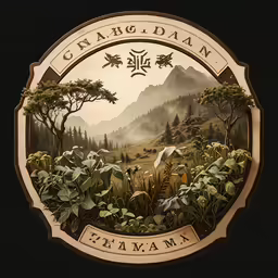 a wooden sign with an image of a mountain range