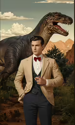 a young man in a tuxedo standing in front of a dinosaur