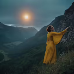 the girl is standing on a hillside by the mountains