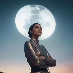 a woman is looking up at the moon