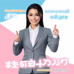 a woman in a business suit pointing up with her finger
