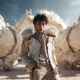 a young man with fur trims wearing a jacket