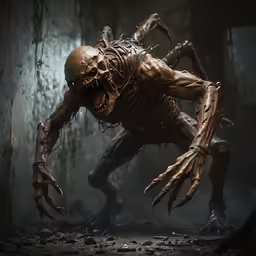 an alien attacking in the dark hallway
