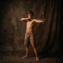 boy posing for photo while bow aiming in bow and arrow