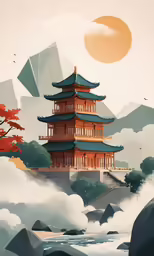 an oriental painting of a pagoda on clouds with a sun in the sky