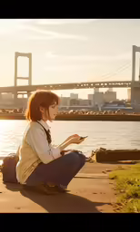 a woman sits at the edge of the water using a cell phone