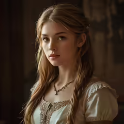 a woman wearing an ornate necklace and dress
