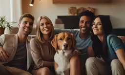 a group of friends sitting together and smiling