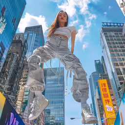 a very tall girl is wearing some very unusual clothing,a woman posing in the air with her foot in the air