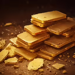 five golden bars sit on top of some rocks