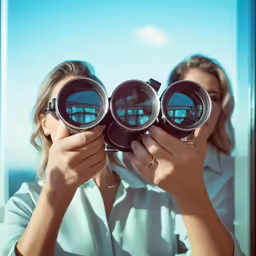 two people looking through bins of the same lens