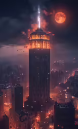 a very tall building at night with the moon behind it