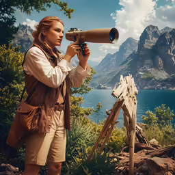 a woman taking pictures with a giant telescope