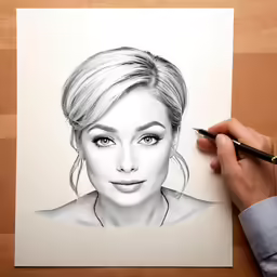 drawing of a young woman in a black and white photo