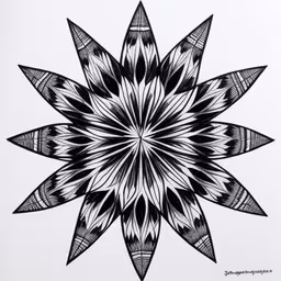 the black and white design has many long pointed lines,a black and white drawing with a flower on the center