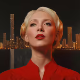 a woman with blond hair in front of the city skyline