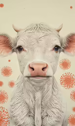 a white cow with horns standing next to flowers