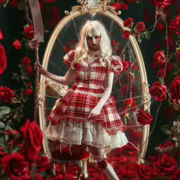 the blond girl dressed in red poses against a mirror with roses in it,a woman wearing red and white dress near roses