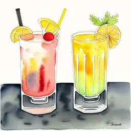 two drinks with lemons and garnish, one is orange,three cocktails sitting side by side on top of a table,two watercolor cocktails on a table top,two drinks on a table each have lemon, and one has a pineapple,two drinks with different kinds of fruits
