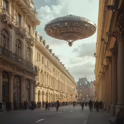 people walking down an empty street while a giant object is suspended above