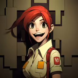 a young woman with a red wig and uniform