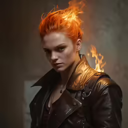 a beautiful redheaded woman with bright red hair in a black leather jacket