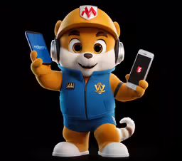 a computer generated figure shows a teddy bear with headphones and a cell phone