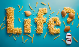 a piece of cake, bagel chips and letters spelling out food