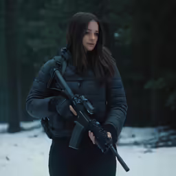 a young woman carrying a rifle standing in the snow