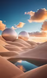 three large white balls that are on the side of a desert