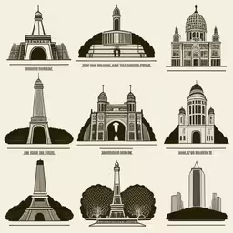 various kinds of monuments in different languages,various architecture and structures of a city