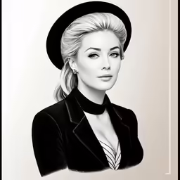 a drawing of a woman with blonde hair and hat