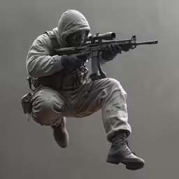 a military soldier jumping in the air while holding a gun