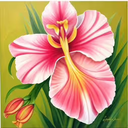 a painting of pink flower with yellow stamen,a painting of a pink and white flower on green,a painting of a large pink flower with green leaves,a pink flower is next to some green leaves,an impressionistic painting of a pink flower with green leaves