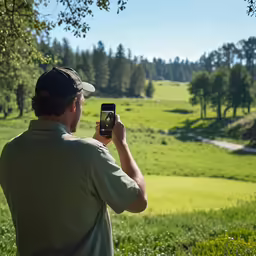 a man wearing a cap taking a photo of a green landscape