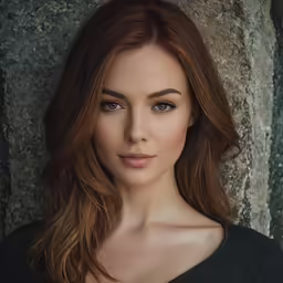 a woman with red hair and blue eyes
