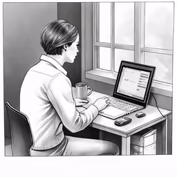the boy is at his desk on a computer