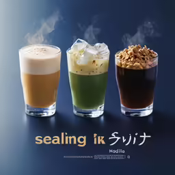 four drinks are shown with steam coming out
