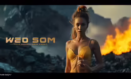a woman in yellow clothes next to some fire