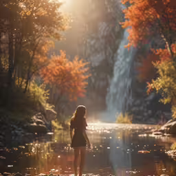 a woman standing next to a waterfall in the forest