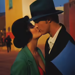 a young man kissing a beautiful woman in a hat