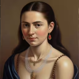 a painting of a woman with some kind of diamond and stone necklace,this portrait is of a woman with pearls and diamond necklace,a portrait of a woman in her twenties wearing jewelry,a woman wearing a necklace and a necklace with pearls,a portrait of a woman wearing a dress and jewelry
