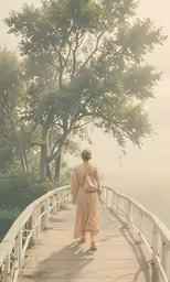 a woman standing on a bridge with trees in the background