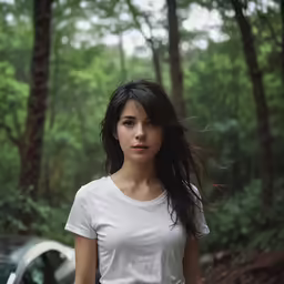a woman with a white shirt in the woods
