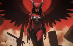 a woman with wings standing in front of some guns