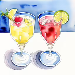 two beverages on top of a plate with lemon wedges,watercolor and gouache painting of two drinks on table,a watercolor of drinks with lemons and strawberries,two glasses of lemonade and drinks sitting next to each other,two drinks are on a table next to each other